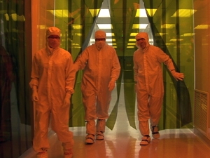 Researchers in the Nano3 cleanroom dress in protective 'bunny suits' to prevent extraneous particles from damaging their research materials, which measure one million times smaller than the diameter of a human hair. 